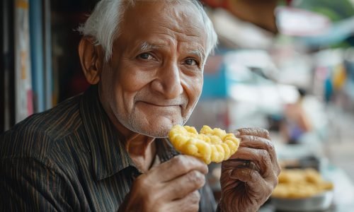 An elderly man smiles as he savor his favorite snack at a lively street market, surrounded by the vibrant energy of local vendors and shoppers.